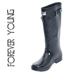 Women's Rainboots, Rubber Tall Quilted Rain Boots, RB-1533, Black